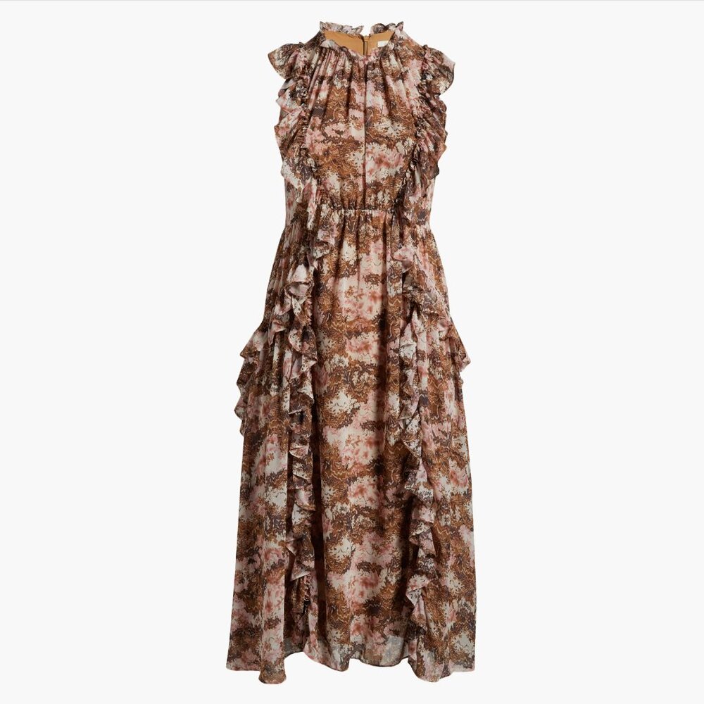 PARKER Brooke Floral Ruffle Midi Dress, Camel Cognac, Size 10, NWT